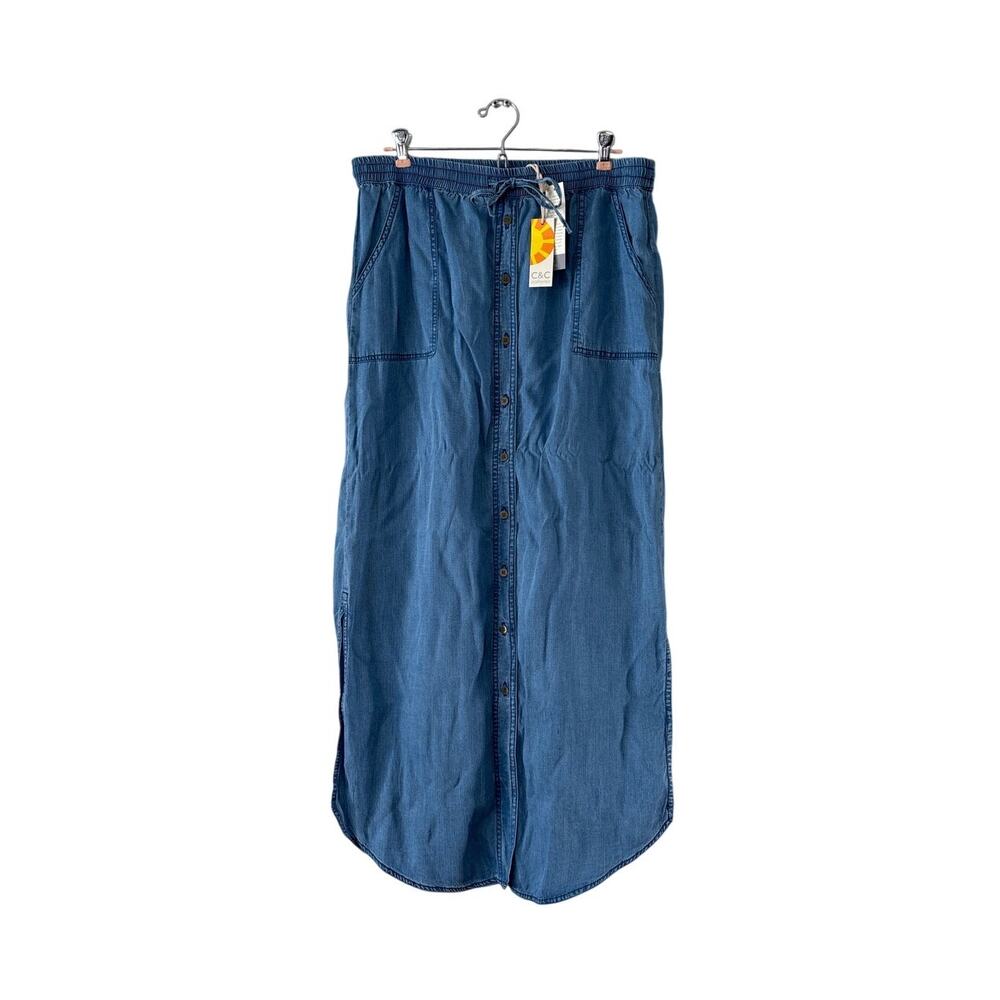 NWT C&C California Lyocell Denim Maxi Skirt Button Front Size L